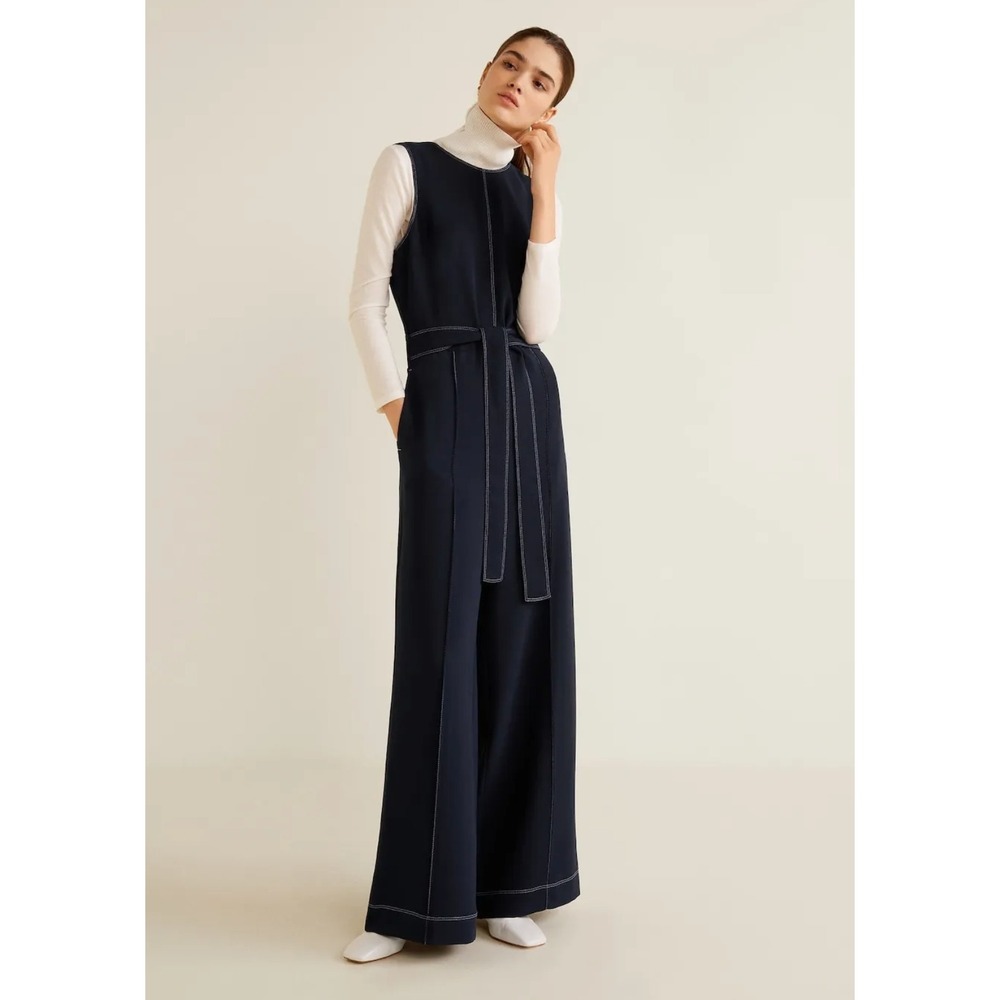 Mango Contrast Stitch Wide Leg Sleeveless Belted Jumpsuit Womens Size 4